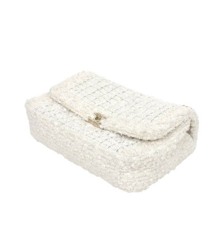 Chanel White Tweed CC Flap Chain Shoulder Bag