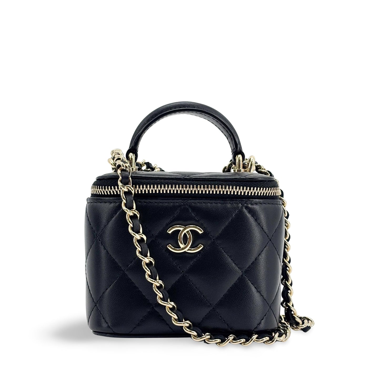 Chanel Classic Top Handle Mini Chain Vanity Bag Lambskin Black Gold Hardware