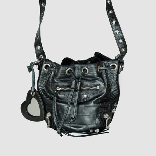 XS Crocodile Embossed Le Cagol Line Stone Bucket Bag Crossbody Bag 702431