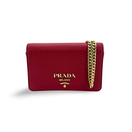 Prada Saffiano Lux Chain Crossbody Bag Red Gold Hardware