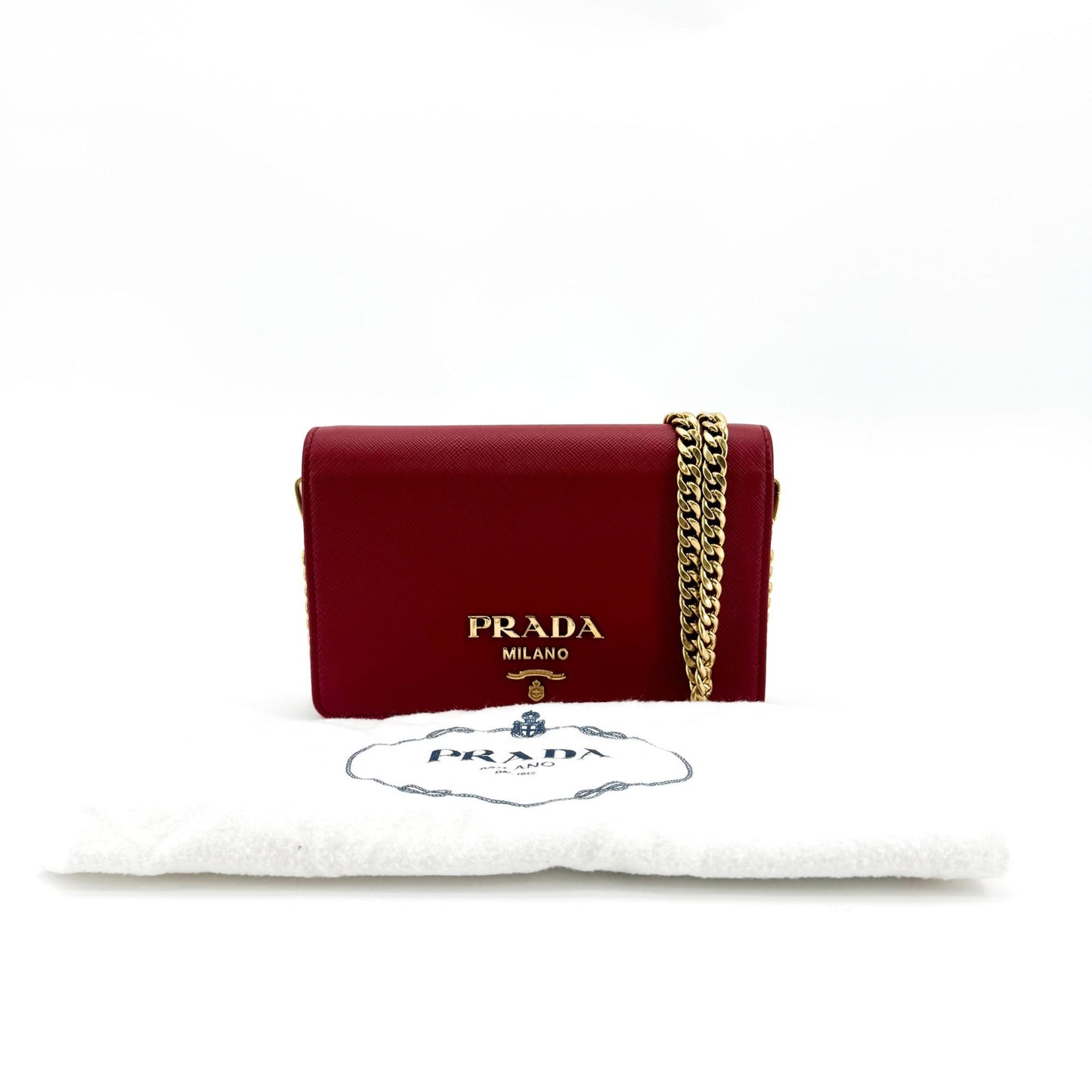 Prada Saffiano Lux Chain Crossbody Bag Red Gold Hardware