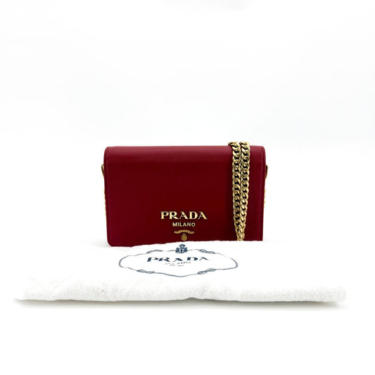 Prada Saffiano Lux Chain Crossbody Bag Red Gold Hardware