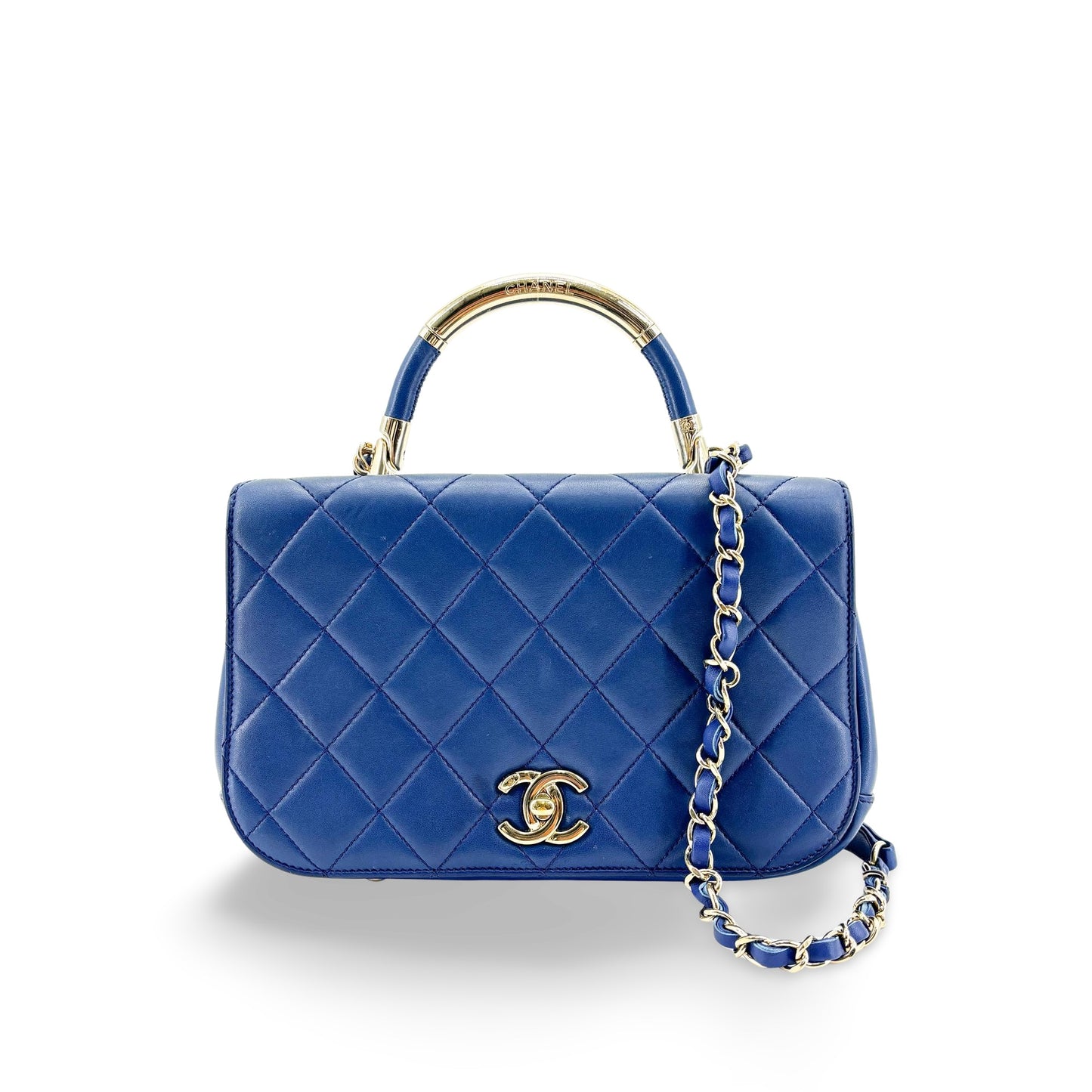 Chanel Lambskin Metal Top Handle Flap Bag with Gold Hardware Blue