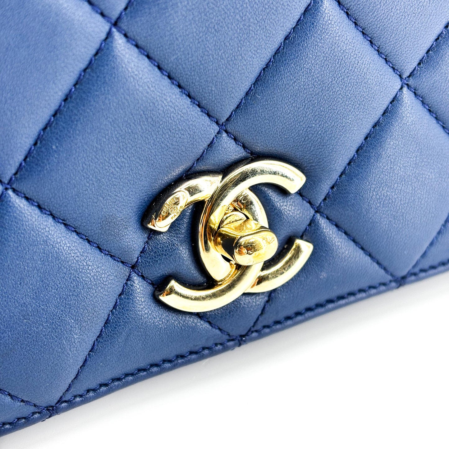 Chanel Lambskin Metal Top Handle Flap Bag with Gold Hardware Blue