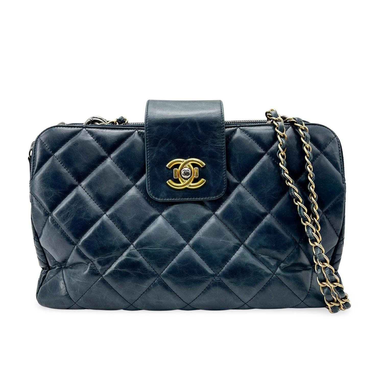 Chanel Vintage Lambskin Frame Chain Shoulder Bag Navy Gold Hardware