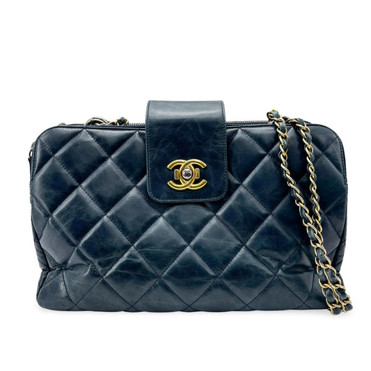 Chanel Vintage Lambskin Frame Chain Shoulder Bag Navy Gold Hardware
