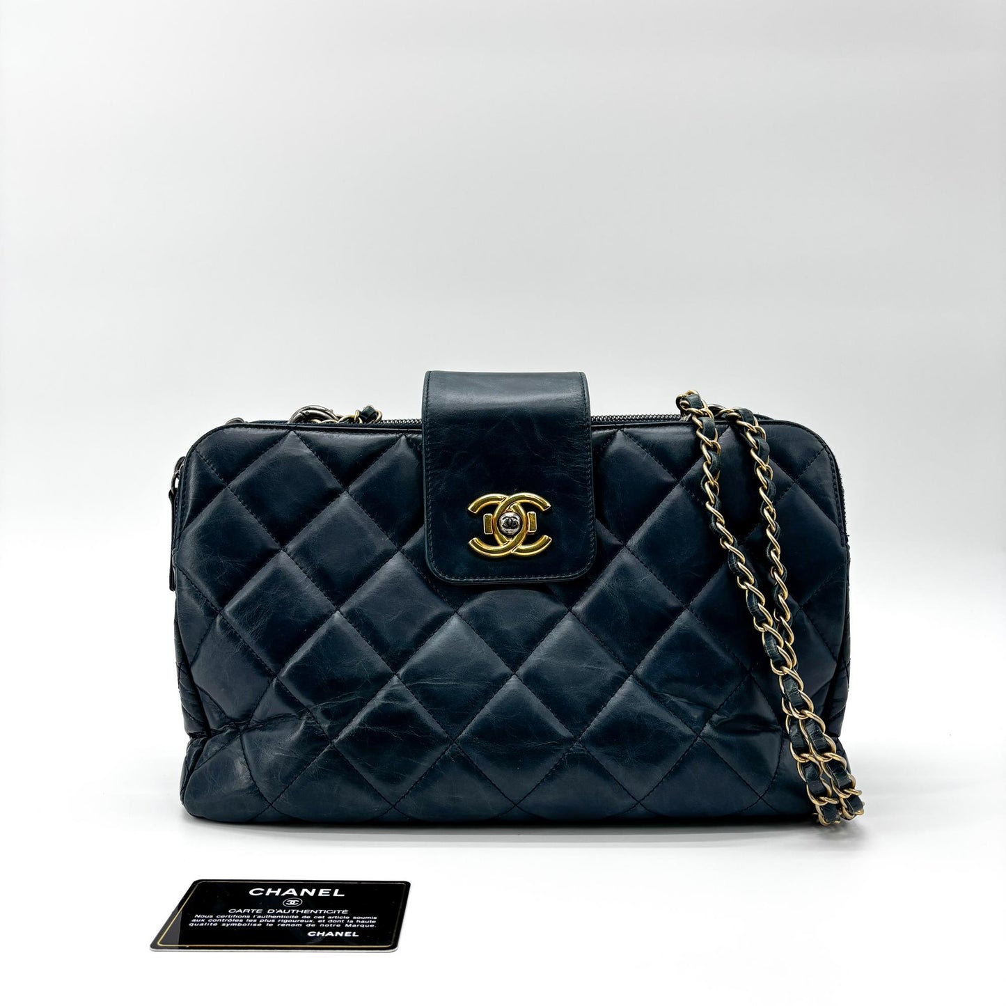 Chanel Vintage Lambskin Frame Chain Shoulder Bag Navy Gold Hardware