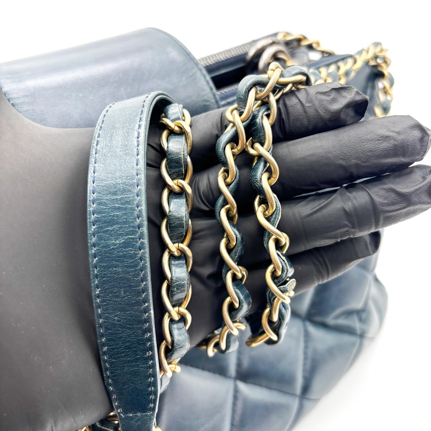 Chanel Vintage Lambskin Frame Chain Shoulder Bag Navy Gold Hardware