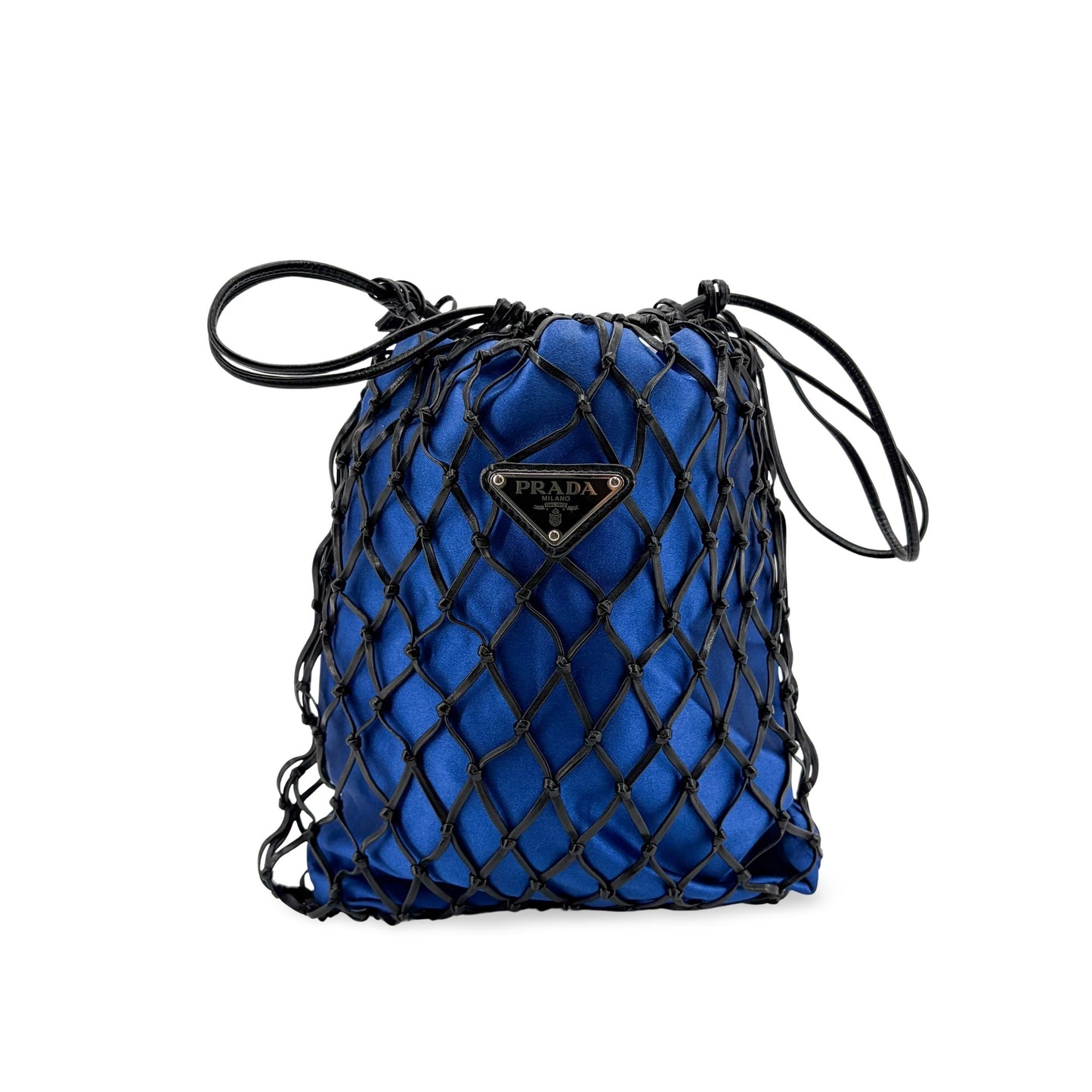 Prada Satin Leather Net Drawstring Bag Blue Black