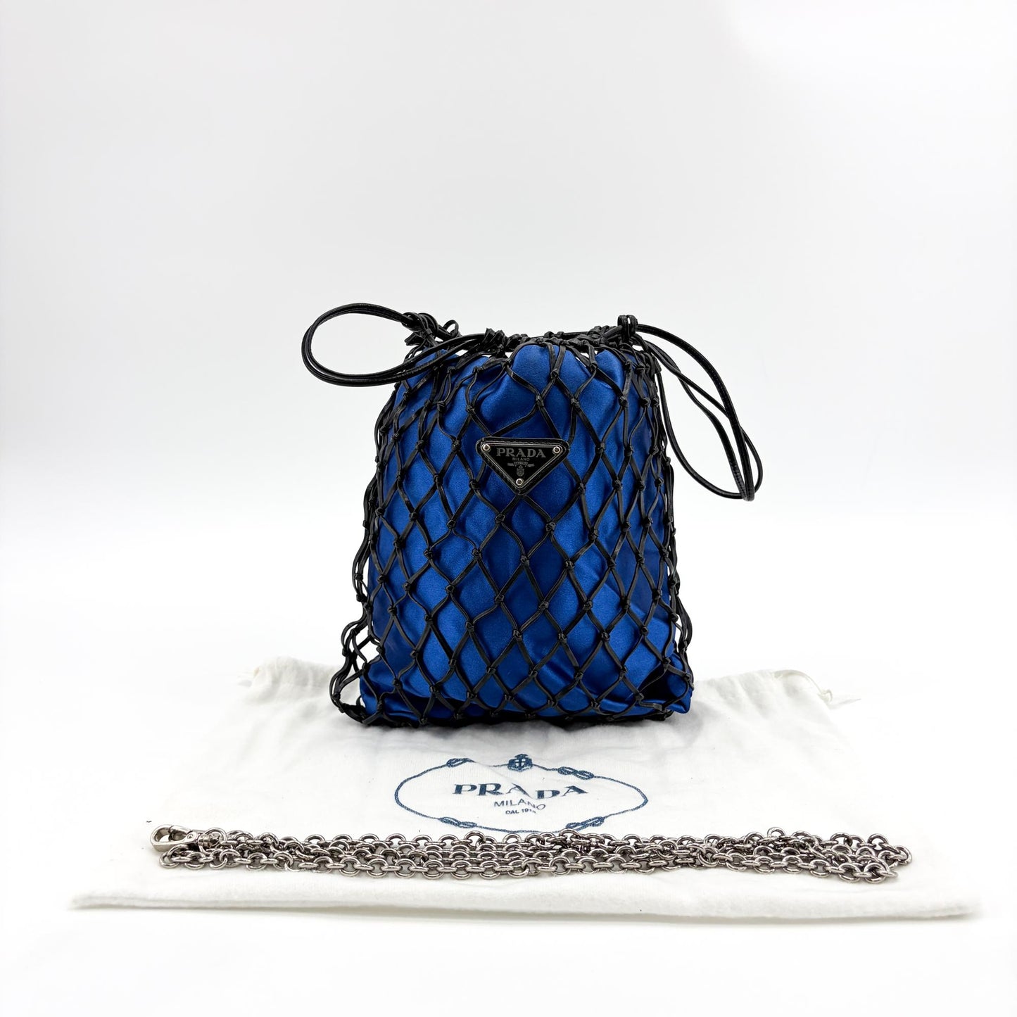 Prada Satin Leather Net Drawstring Bag Blue Black