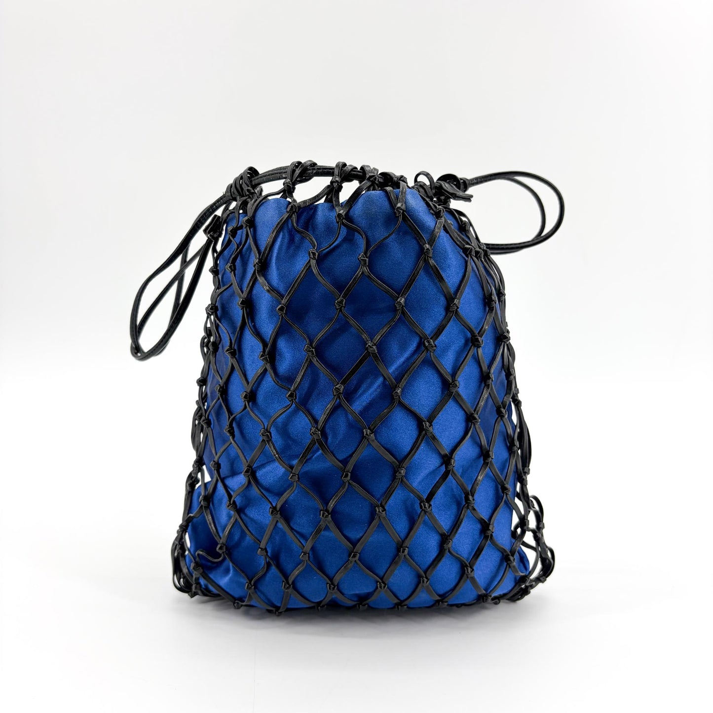 Prada Satin Leather Net Drawstring Bag Blue Black
