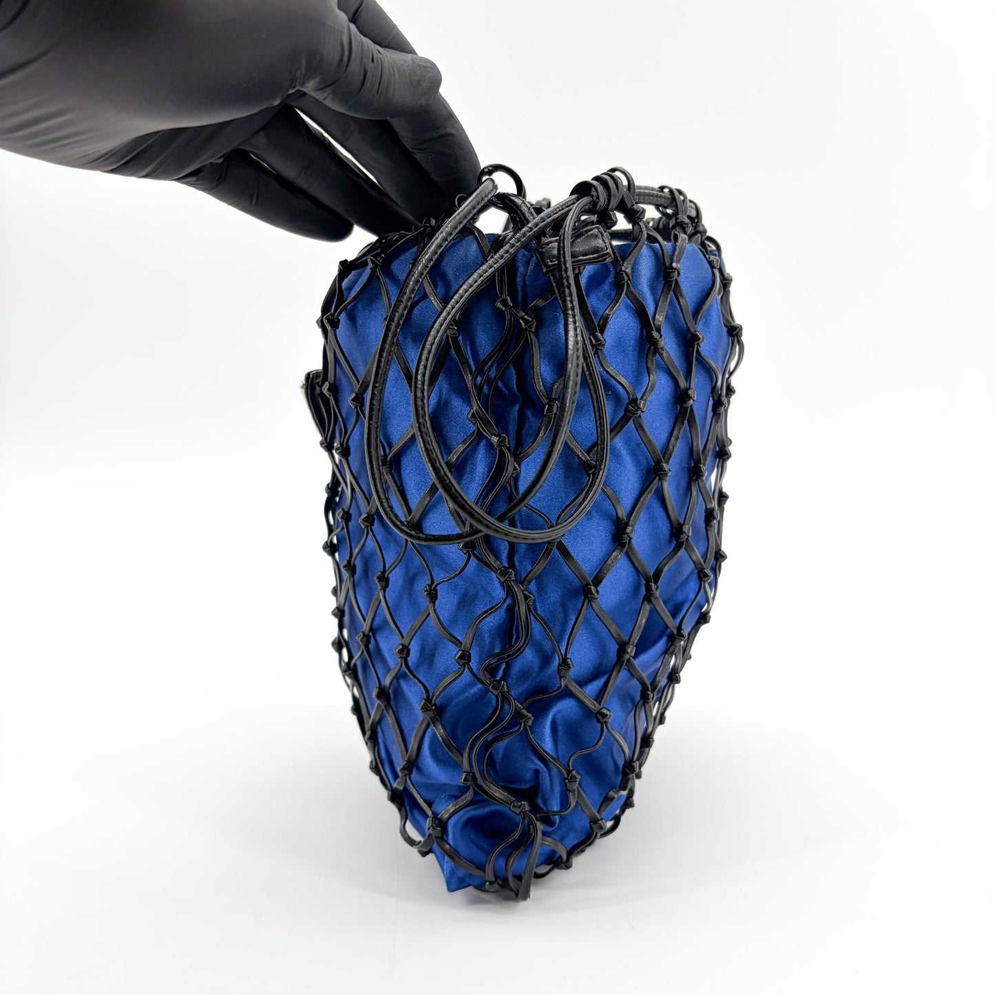 Prada Satin Leather Net Drawstring Bag Blue Black