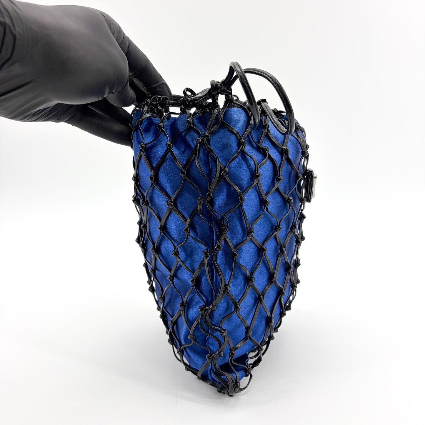 Prada Satin Leather Net Drawstring Bag Blue Black