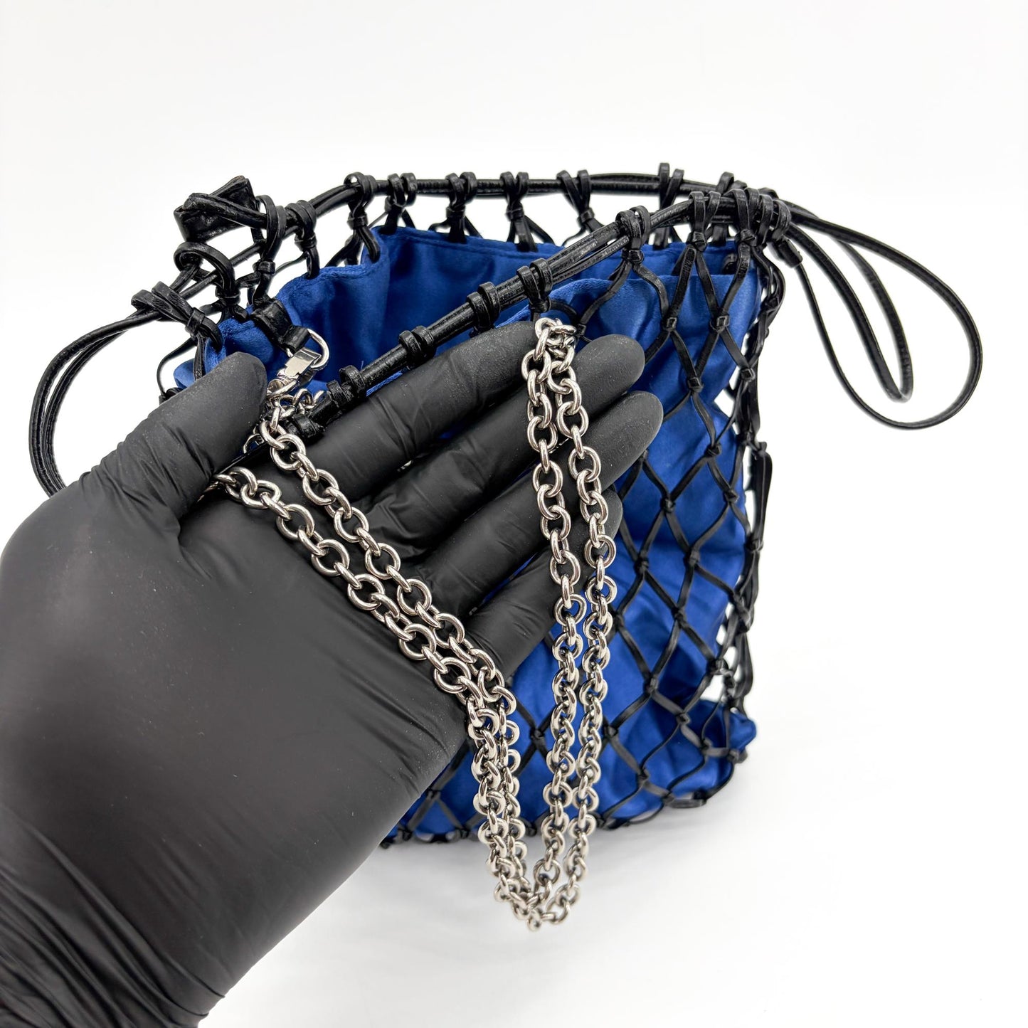 Prada Satin Leather Net Drawstring Bag Blue Black
