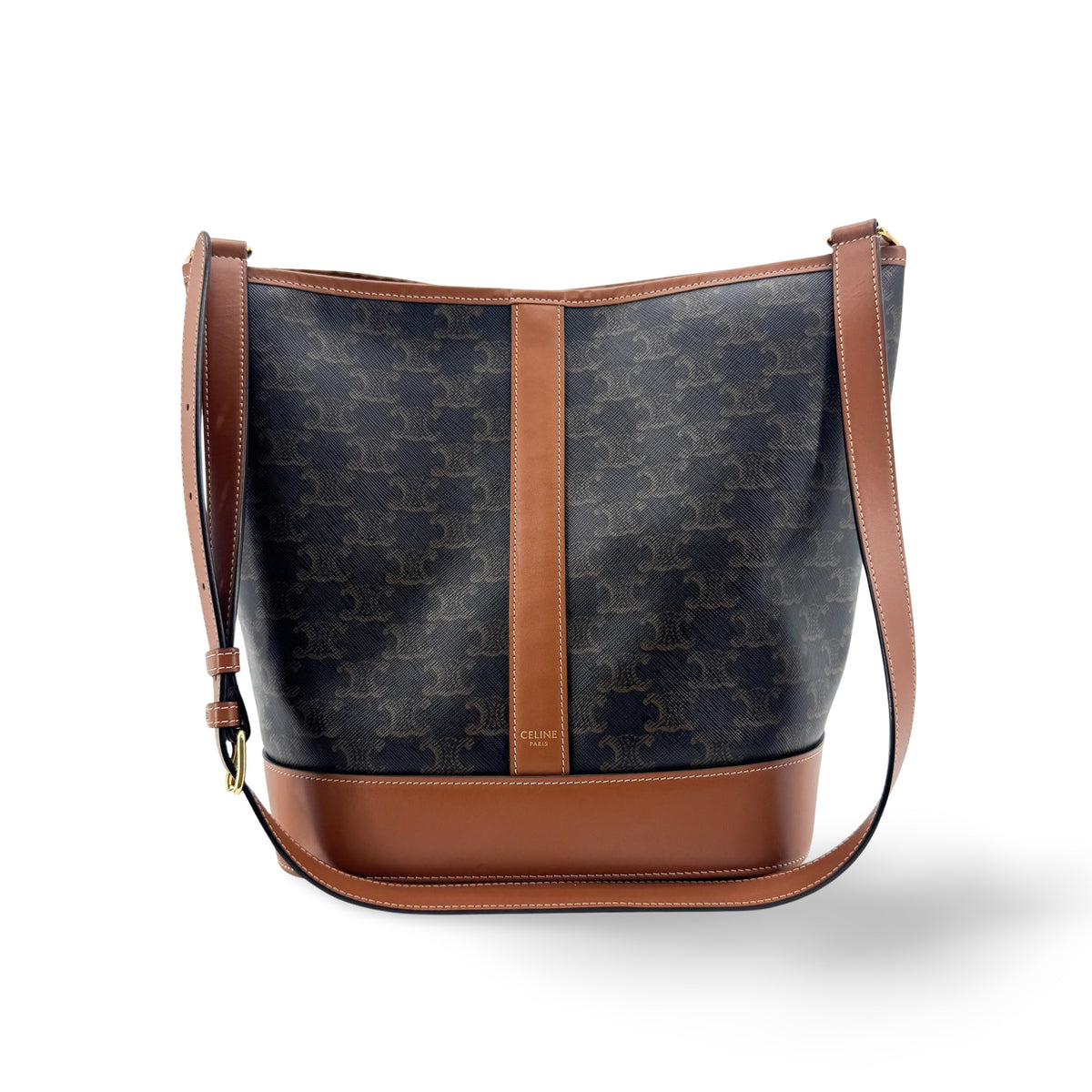 Celine Triomphe Canvas Medium Bucket Bag Tan