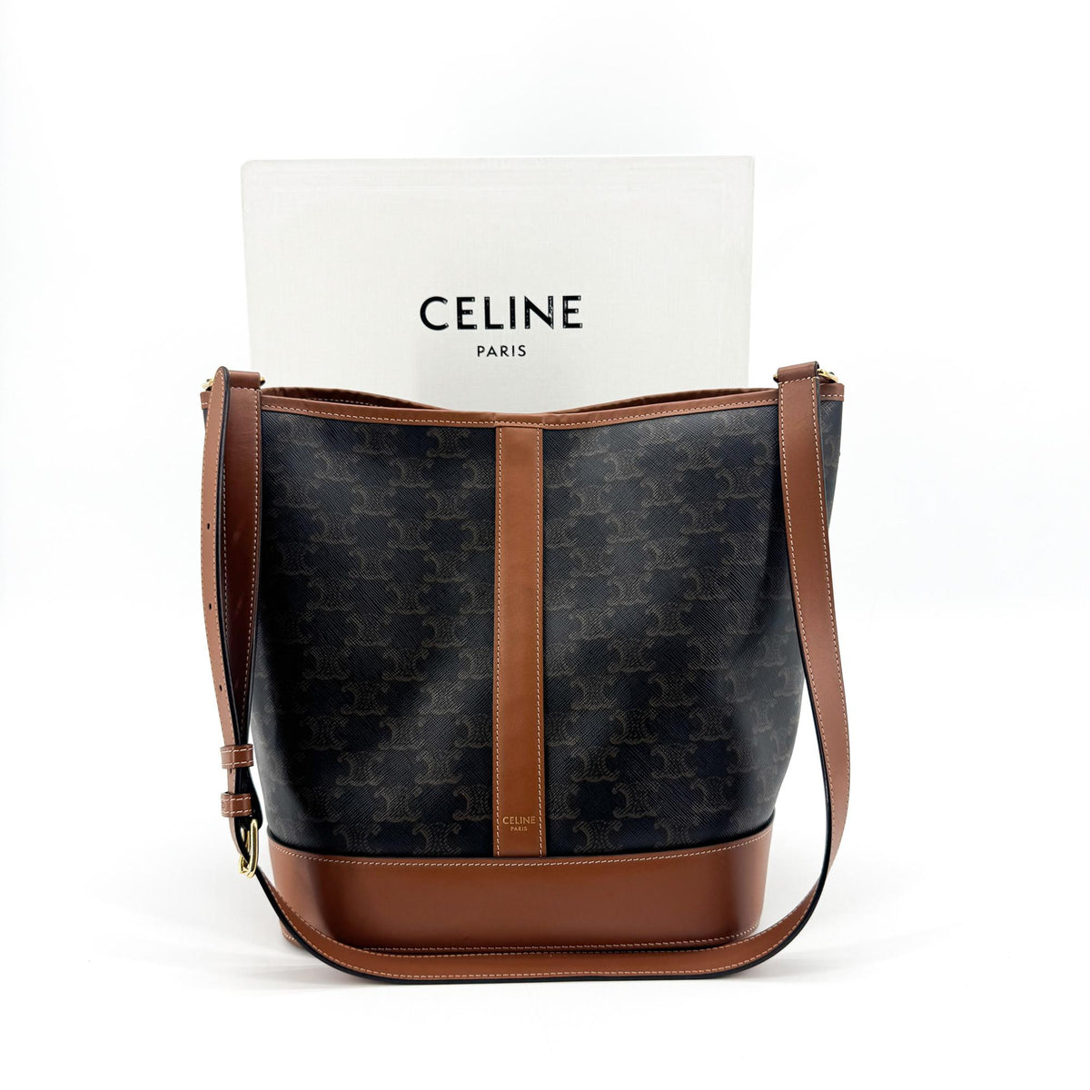 Celine Triomphe Canvas Medium Bucket Bag Tan