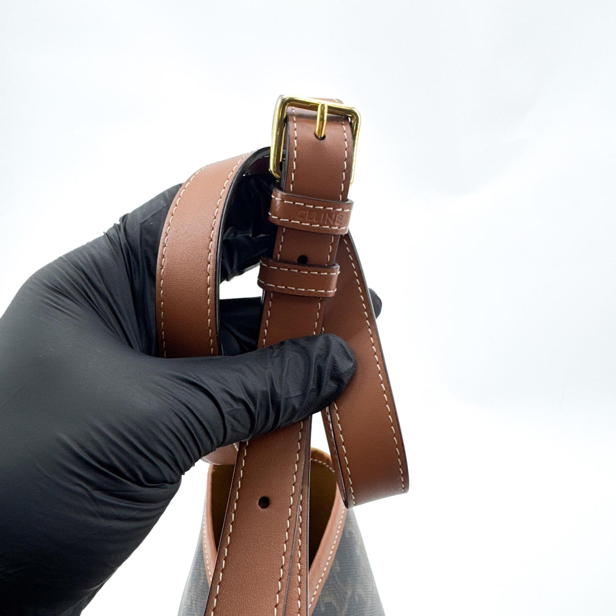 Celine Triomphe Canvas Medium Bucket Bag Tan