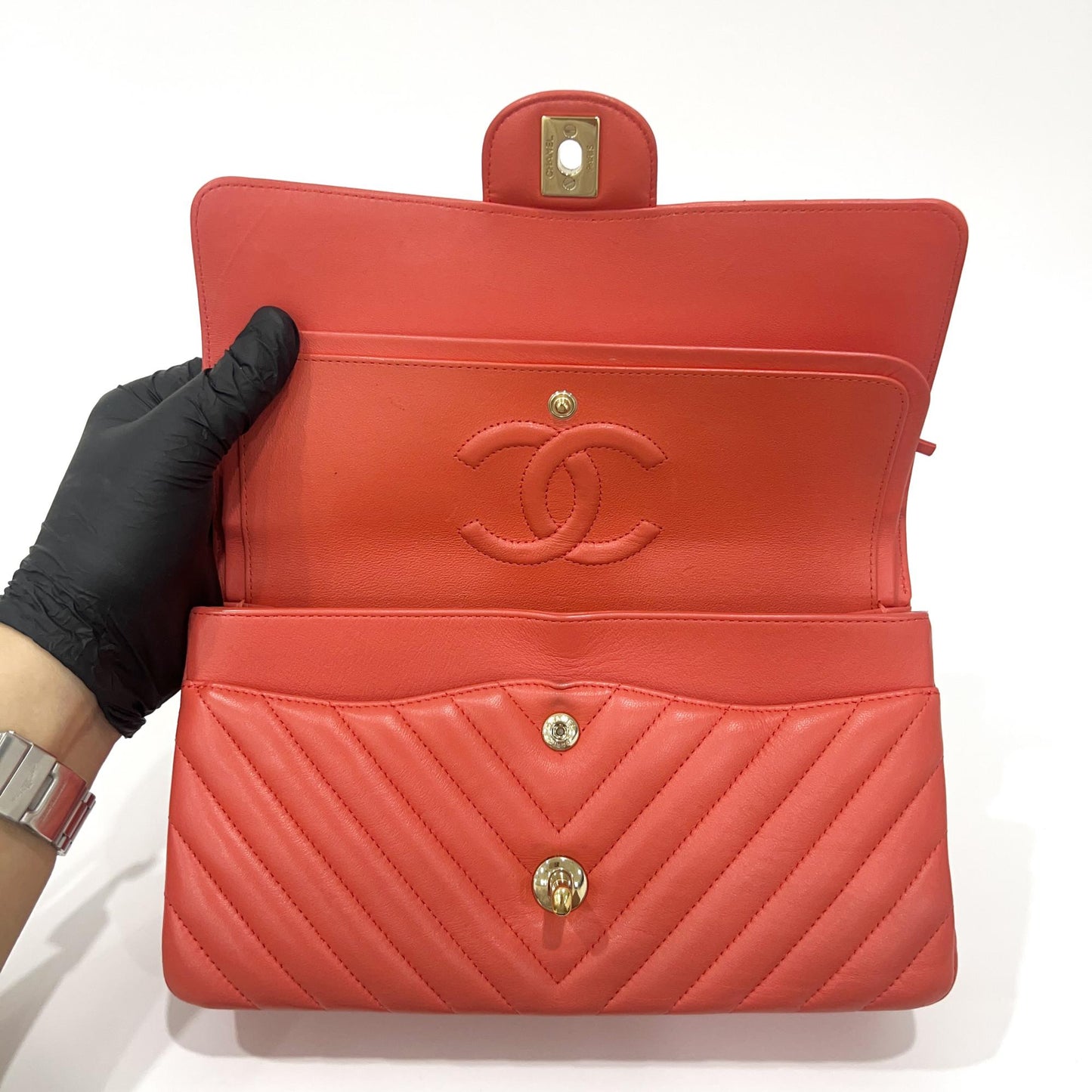 Chanel A01112 Lambskin Chevron Gold Hardware Classic Medium Shoulder Bag