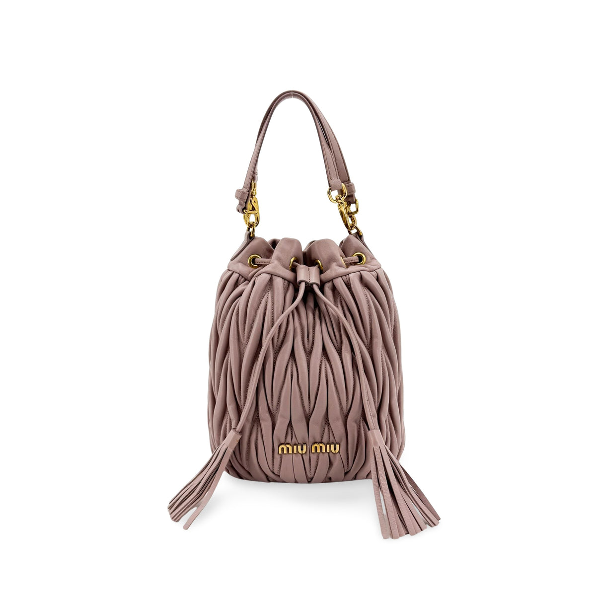 Miu Miu Matelassé Leather Drawstring Bucket Bag Pink