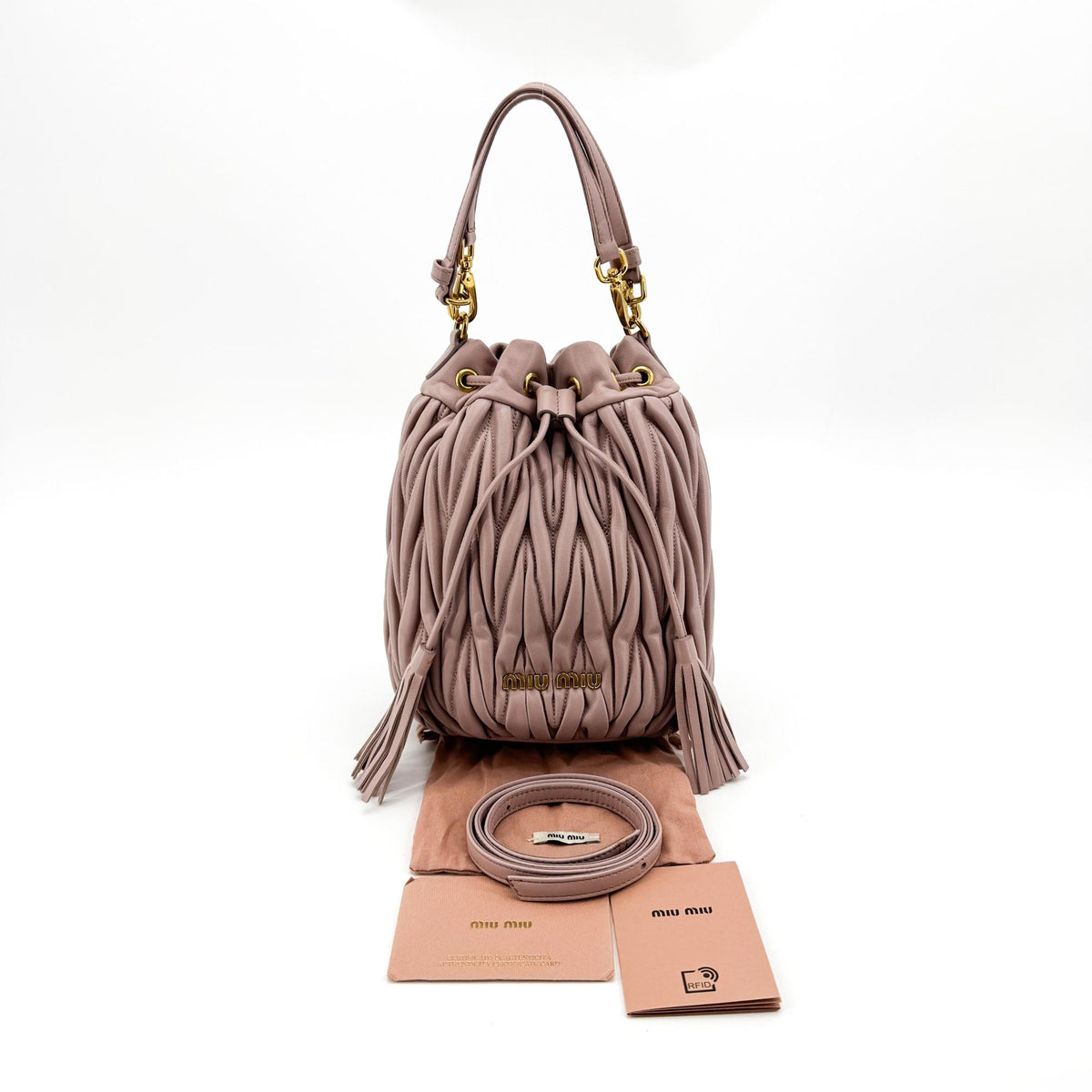 Miu Miu Matelassé Leather Drawstring Bucket Bag Pink