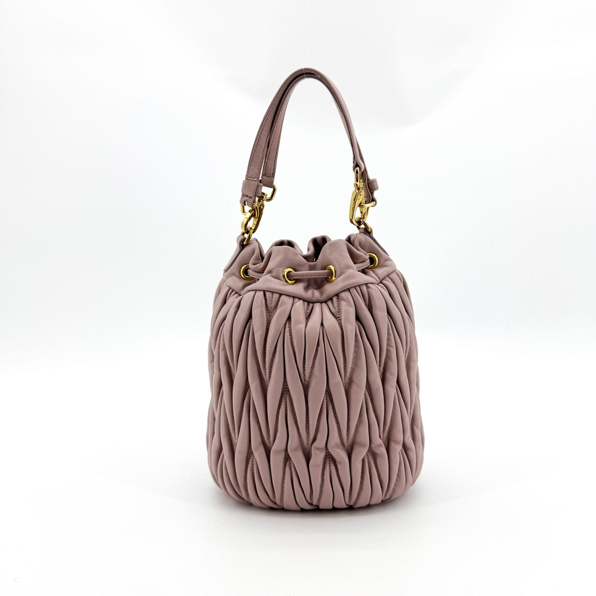 Miu Miu Matelassé Leather Drawstring Bucket Bag Pink