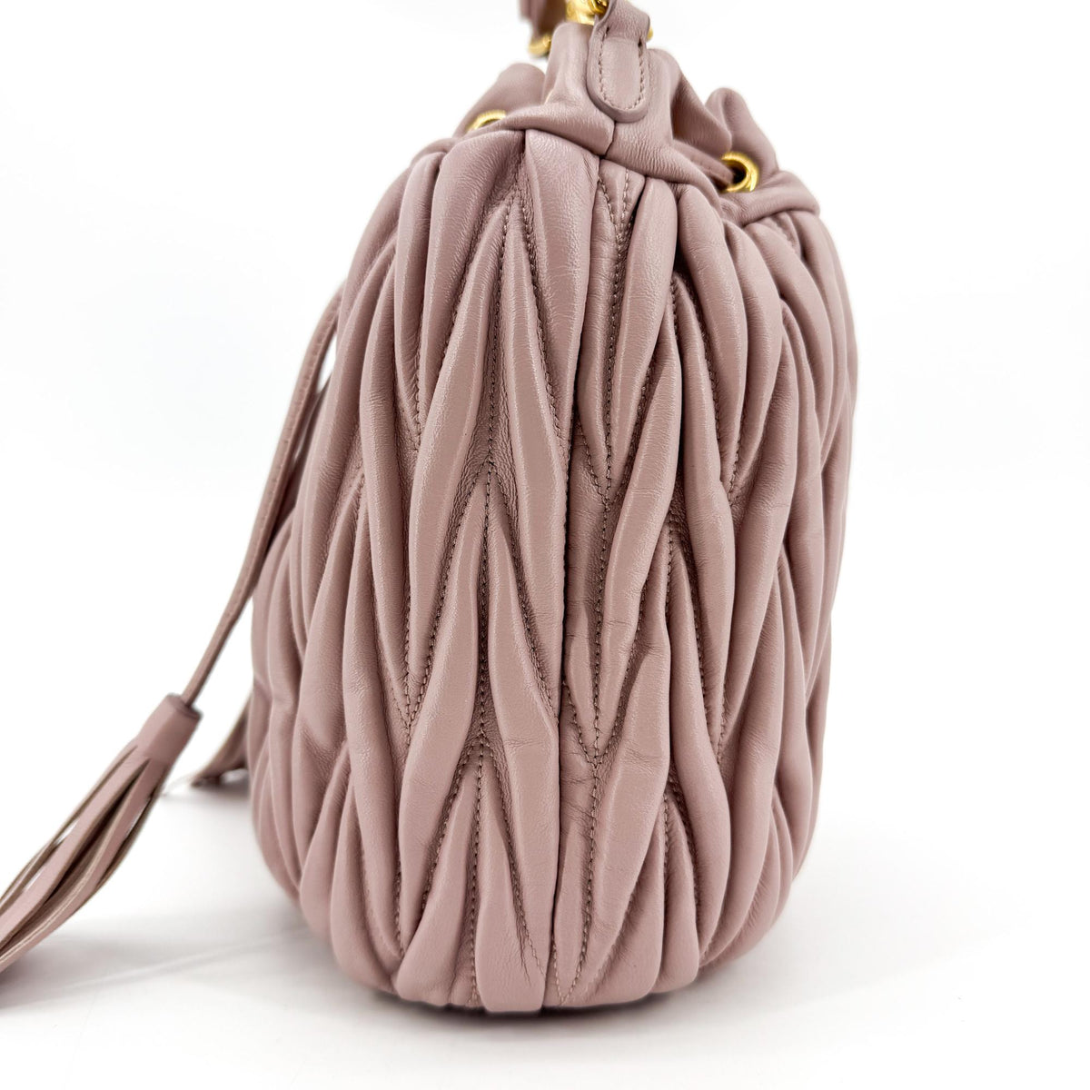 Miu Miu Matelassé Leather Drawstring Bucket Bag Pink