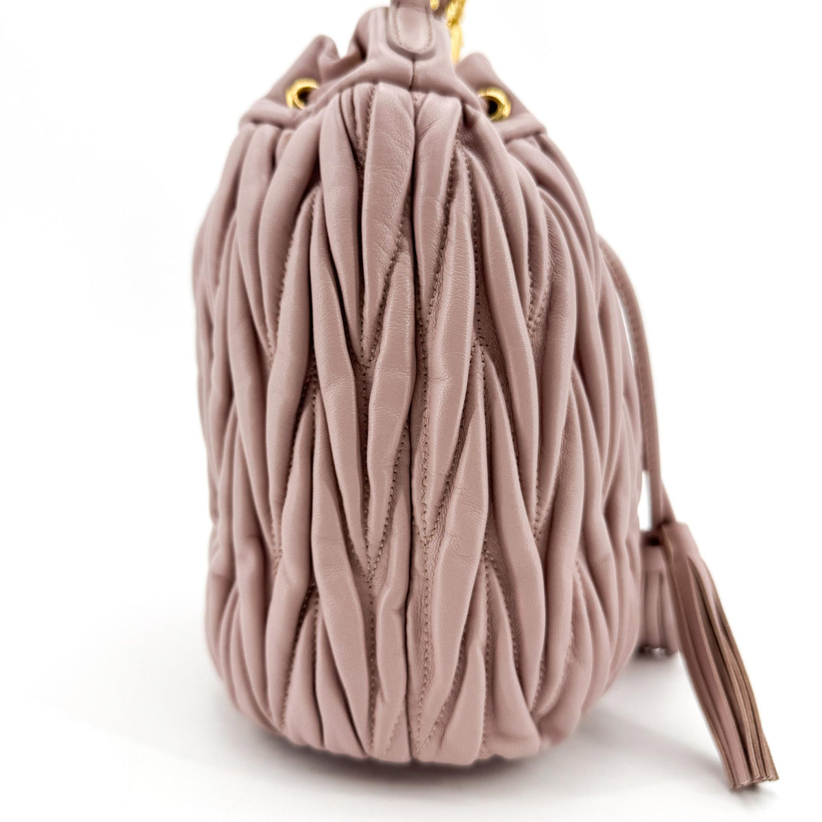 Miu Miu Matelassé Leather Drawstring Bucket Bag Pink