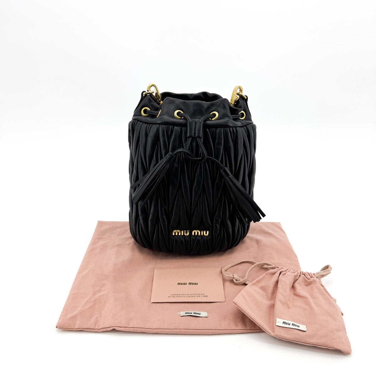Miu Miu Matelassé Napa Leather Bucket Bag Gold Hardware Black