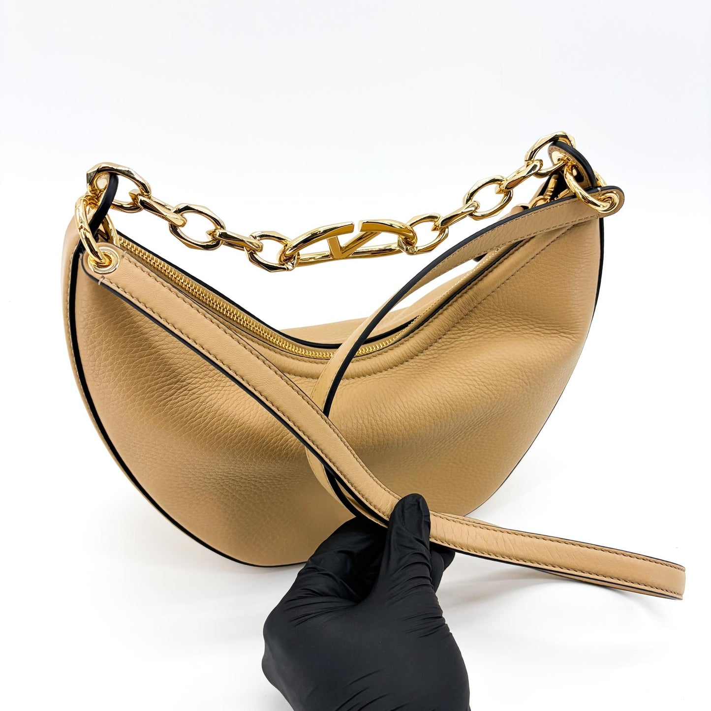 Valentino Garavani Small V-Logo Moon Bag Beige