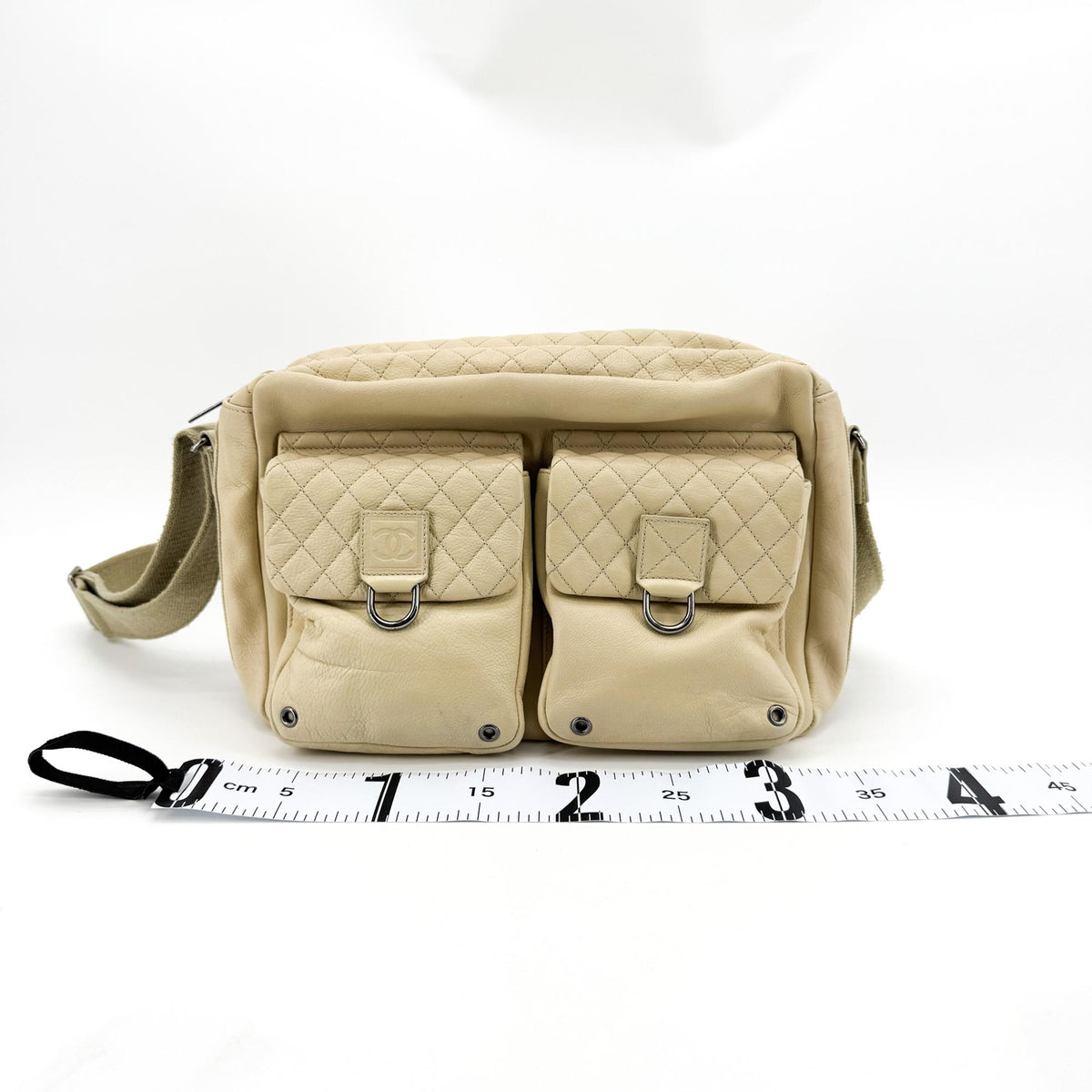 Chanel Quilted Double Pocket Lambskin Crossbody Bag Beige