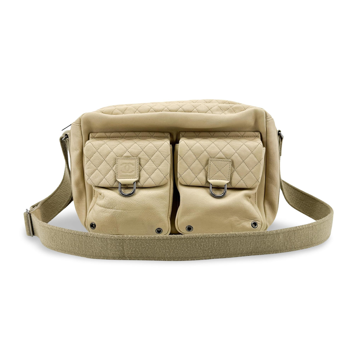 Chanel Quilted Double Pocket Lambskin Crossbody Bag Beige