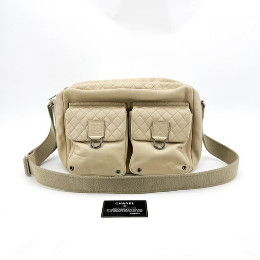 Chanel Quilted Double Pocket Lambskin Crossbody Bag Beige