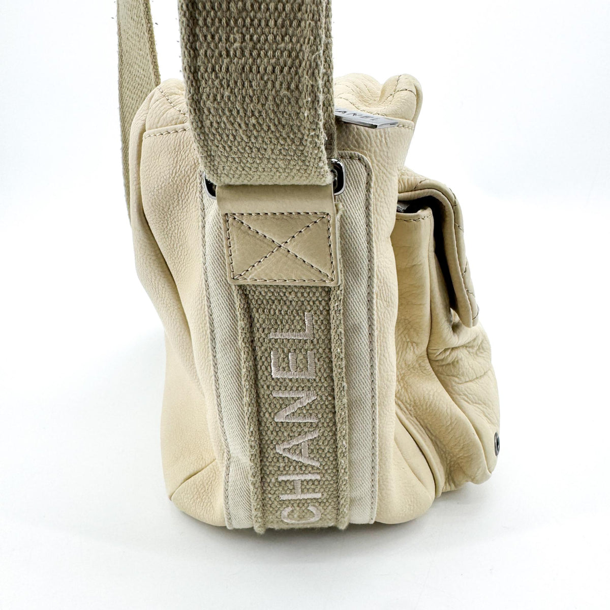 Chanel Quilted Double Pocket Lambskin Crossbody Bag Beige