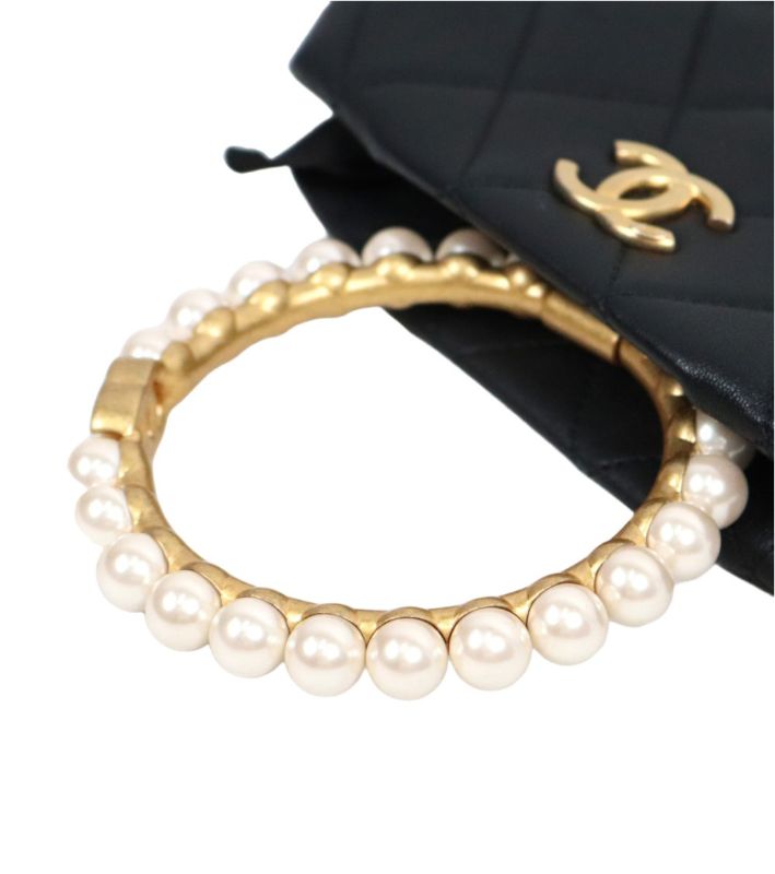 Chanel Black Leather Pearl-Handle Pouch