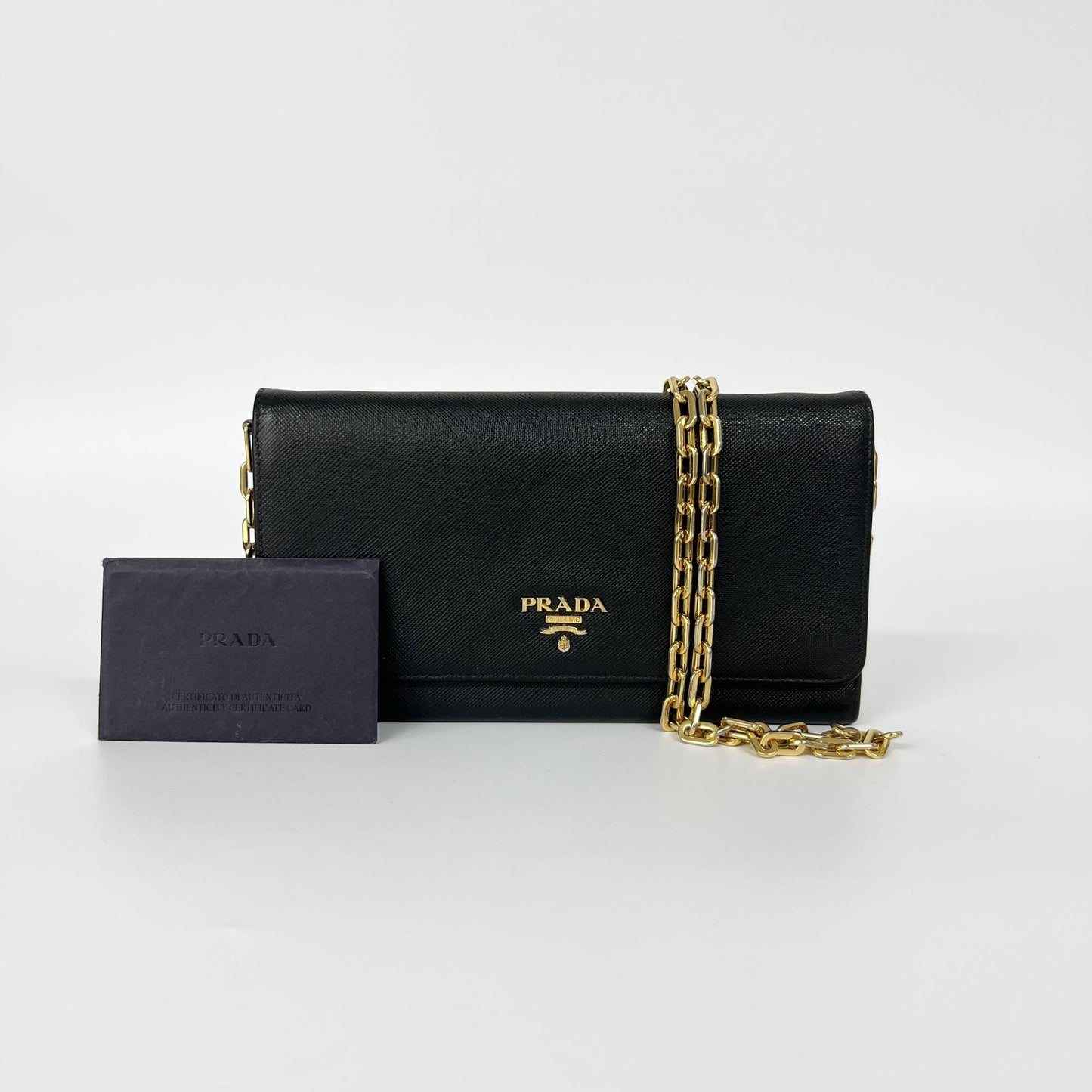 Prada Saffiano Leather Chain Wallet Black Gold Hardware