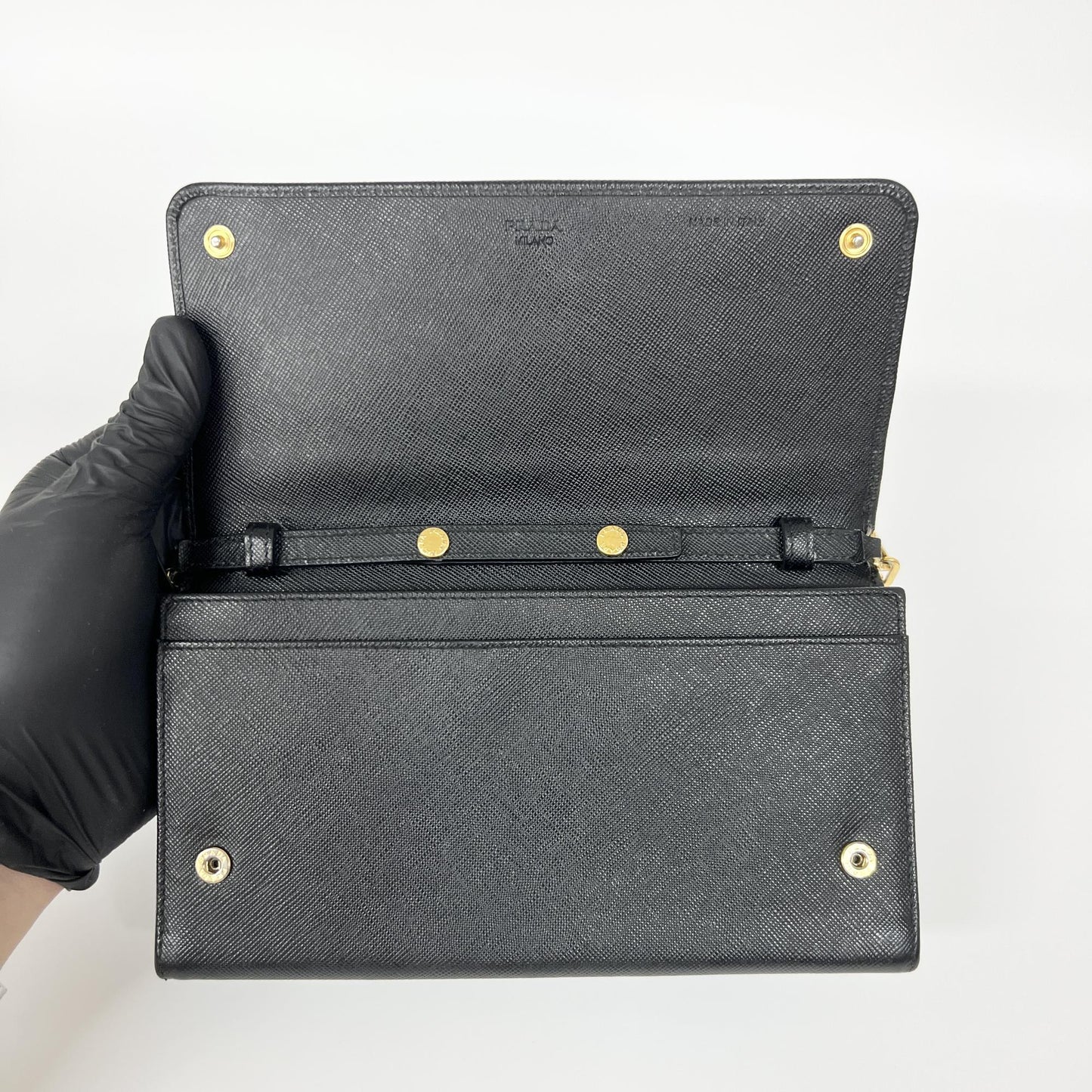 Prada Saffiano Leather Chain Wallet Black Gold Hardware