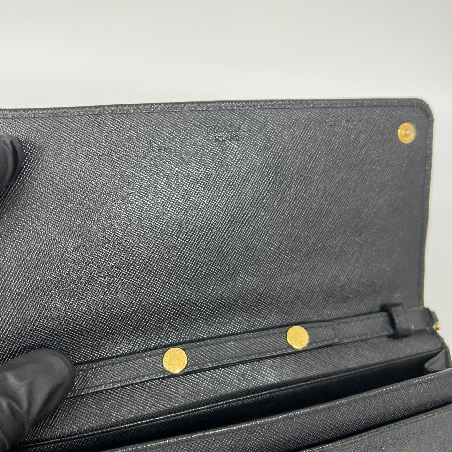 Prada Saffiano Leather Chain Wallet Black Gold Hardware