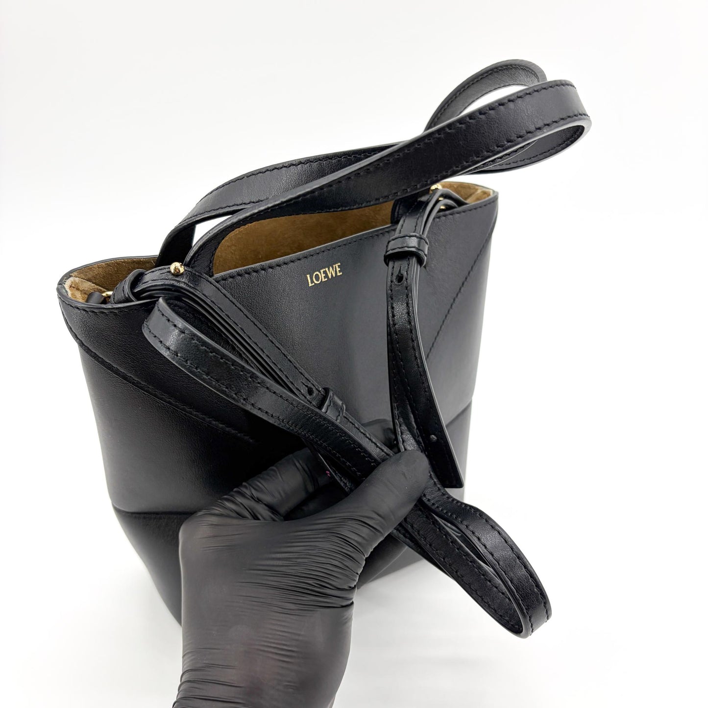 Loewe Mini Puzzle Fold Tote Bag Shiny Calfskin Black