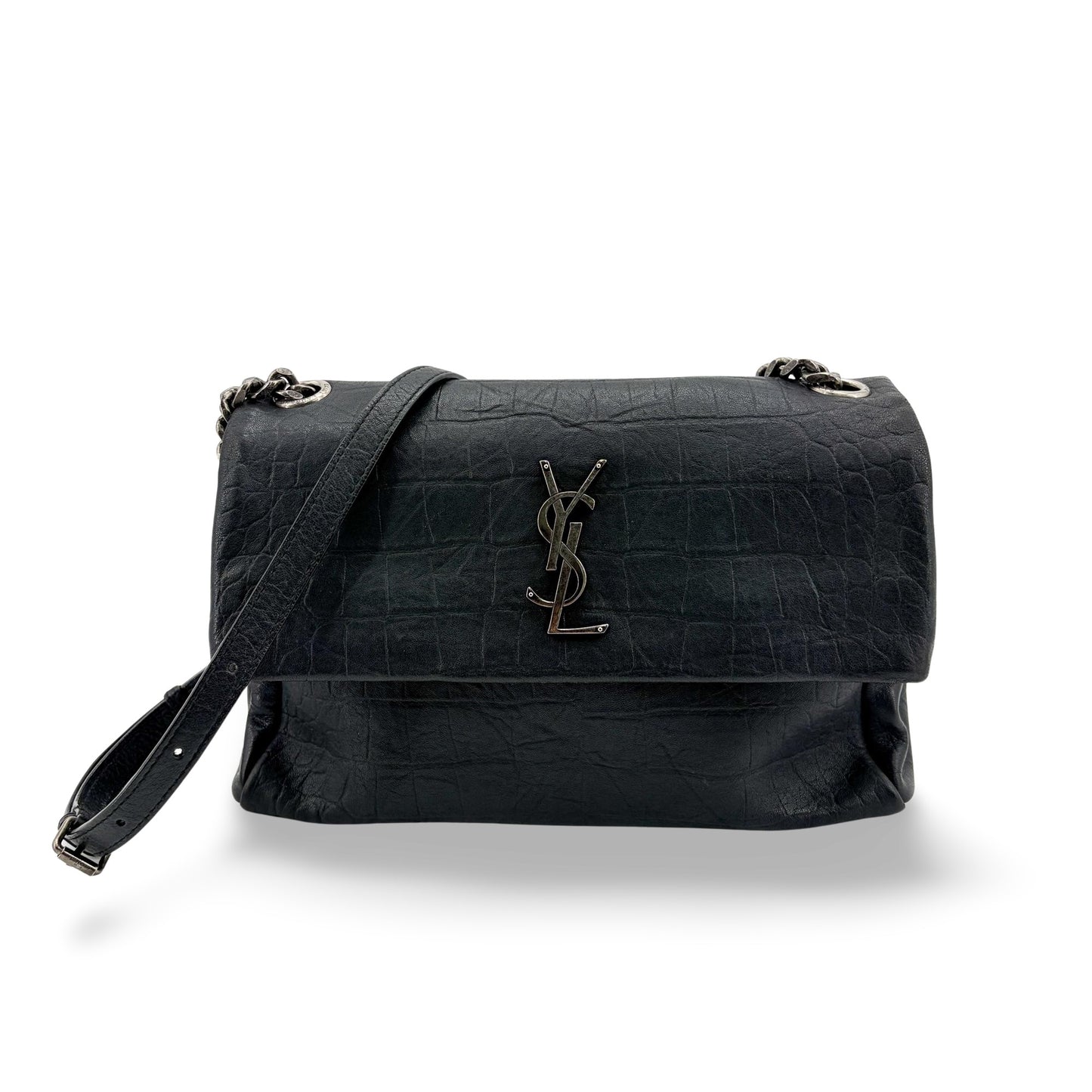 Saint Laurent Medium Nikki Croco Embossed Shoulder Bag Black