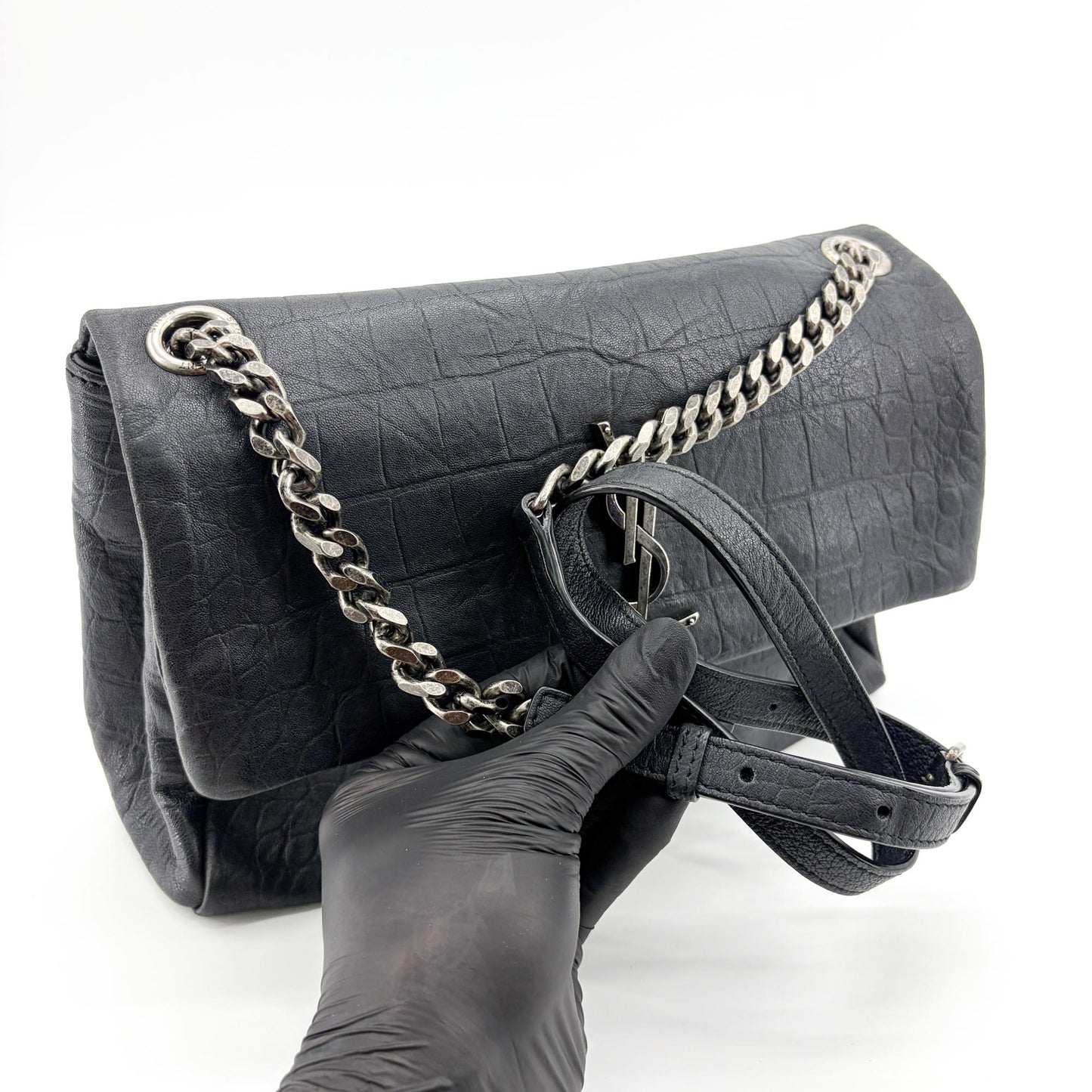 Saint Laurent Medium Nikki Croco Embossed Shoulder Bag Black
