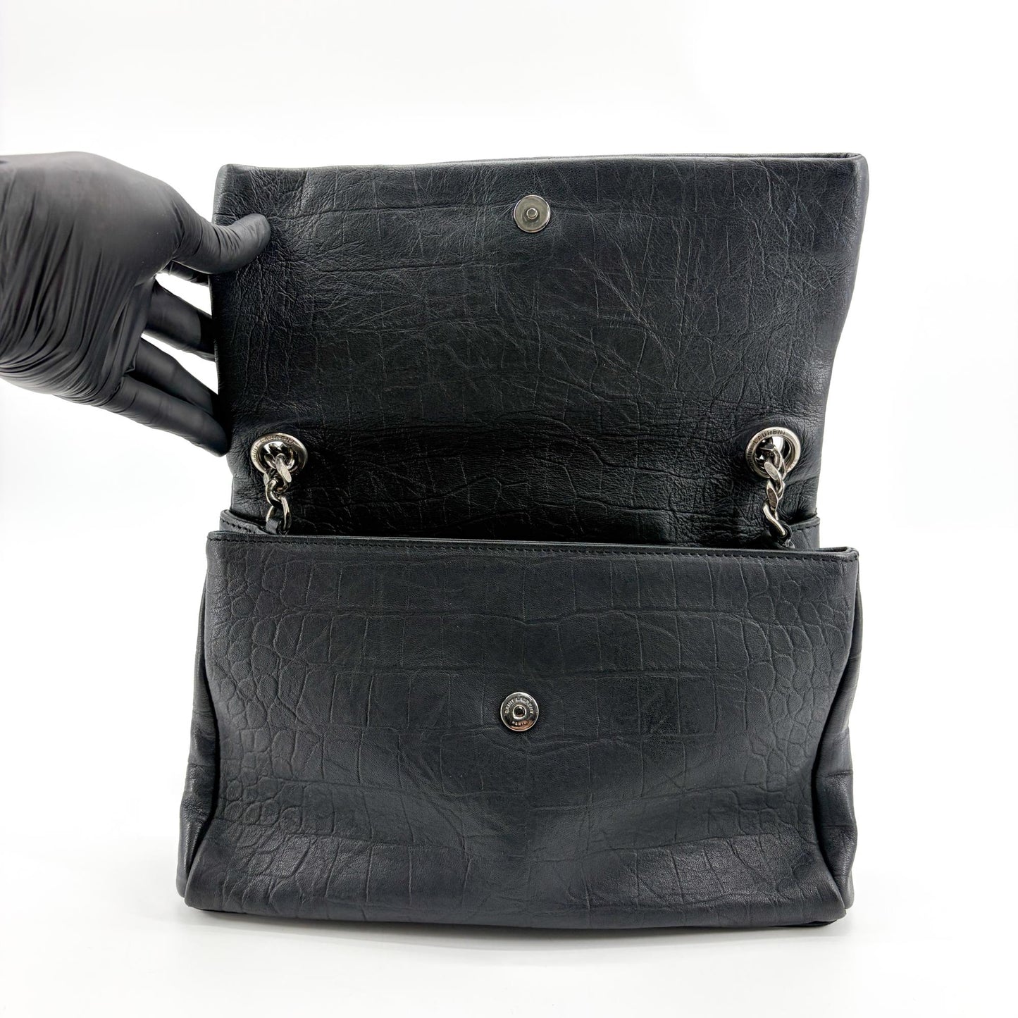 Saint Laurent Medium Nikki Croco Embossed Shoulder Bag Black