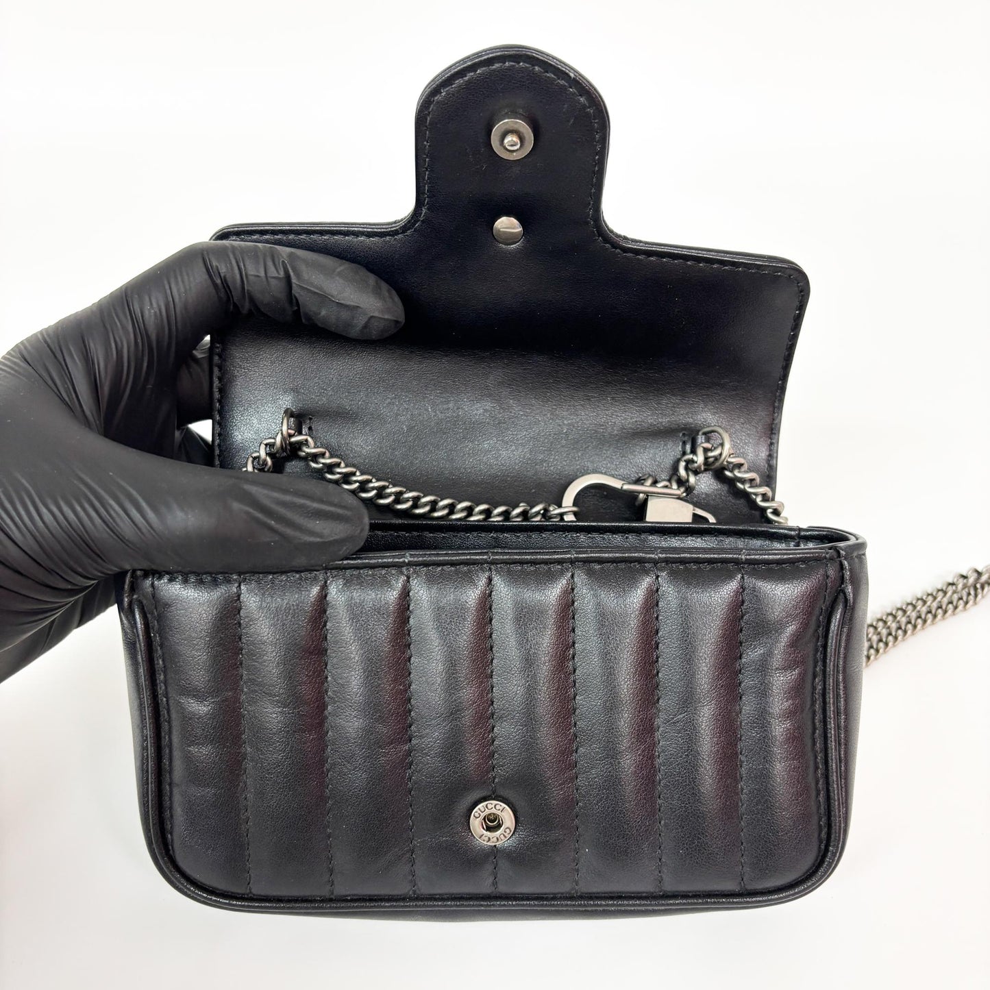 Gucci GG Marmont Matelassé Leather Super Mini Bag Black Silver