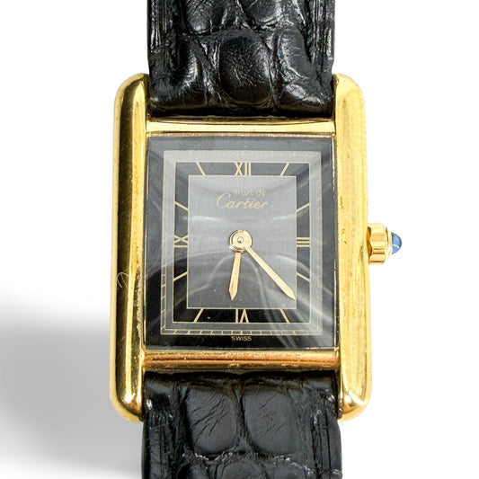 Cartier Must de Tank Gold Black Leather Watch