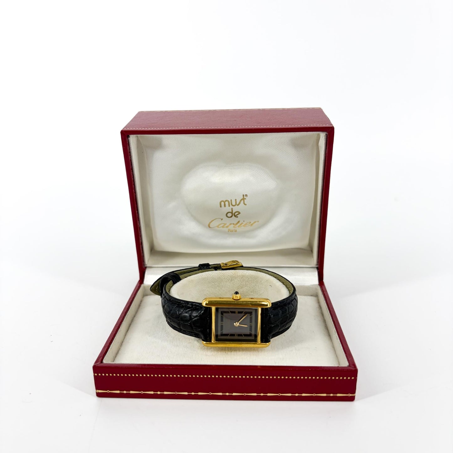 Cartier Must de Tank Gold Black Leather Watch