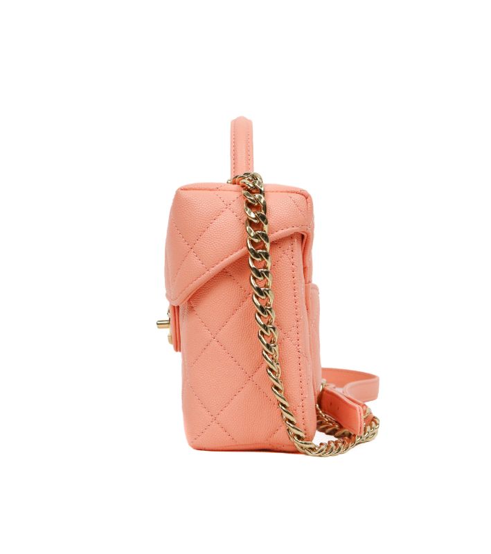 Chanel Coral Caviar Quilted CC Top-Handle Box Bag with Built-in Chip