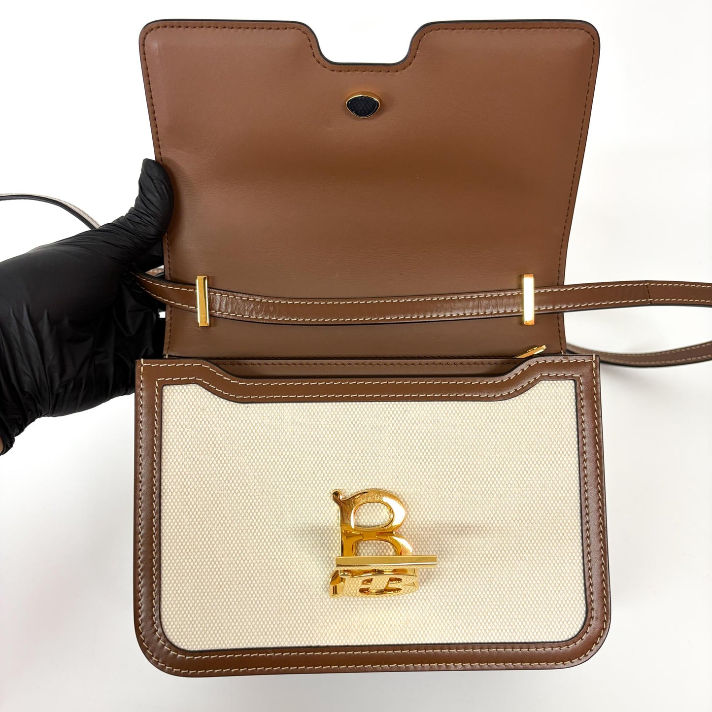 Burberry Small Two-Tone Canvas Leather TB Bag Malt Brown