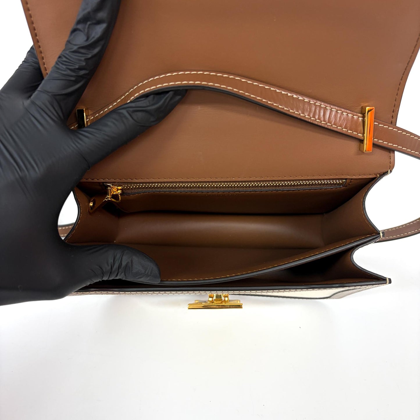 Burberry Small Two-Tone Canvas Leather TB Bag Malt Brown