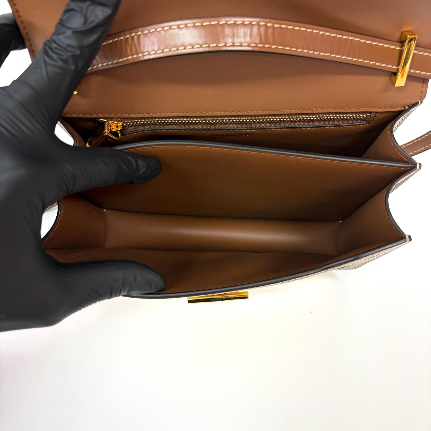 Burberry Small Two-Tone Canvas Leather TB Bag Malt Brown