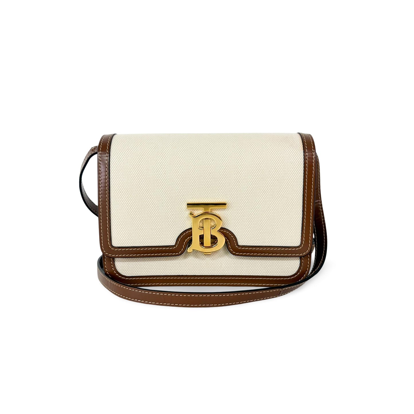 Burberry Small Two-Tone Canvas Leather TB Bag Malt Brown