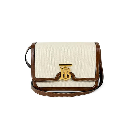 Burberry Small Two-Tone Canvas Leather TB Bag Malt Brown